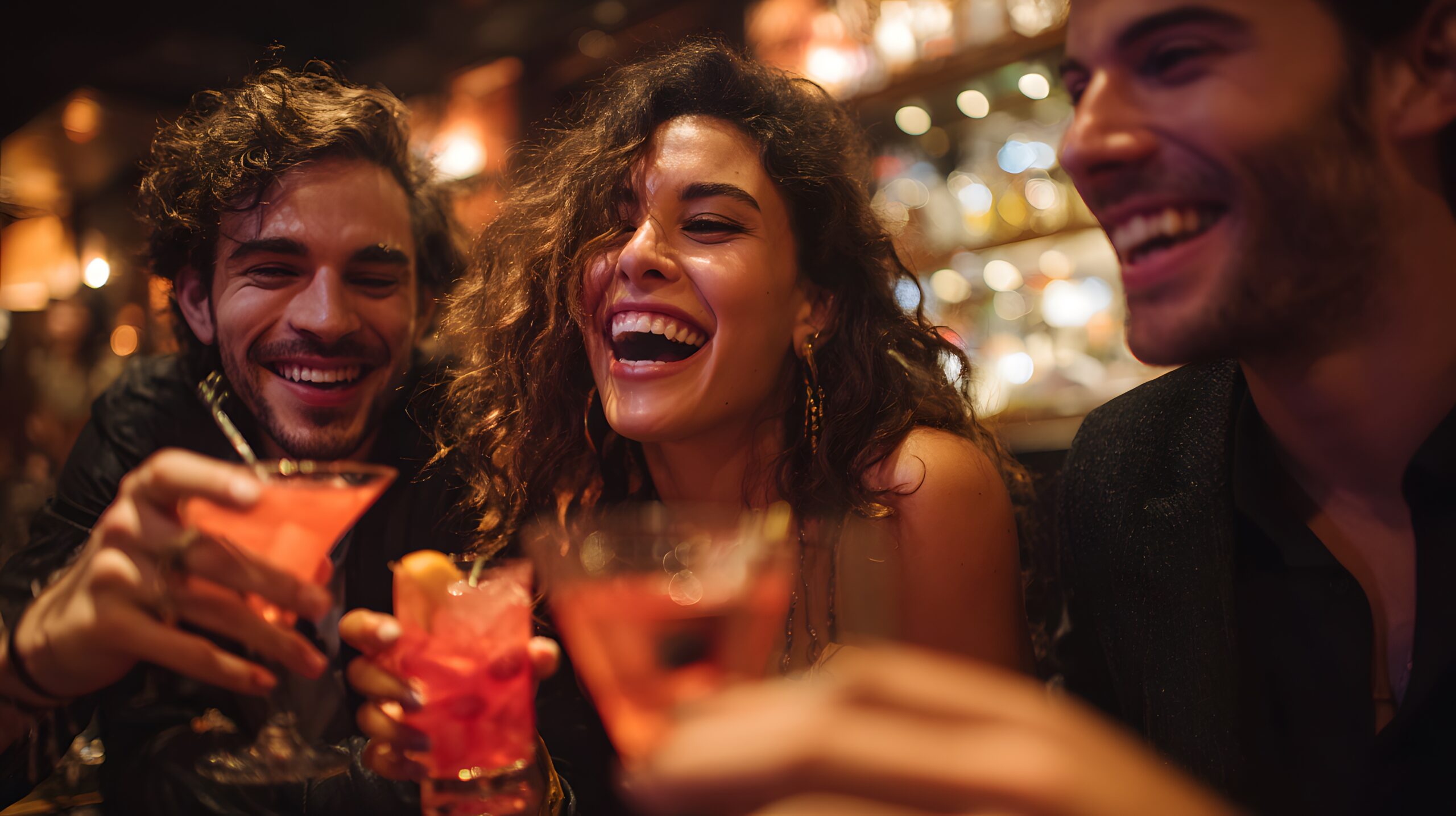 Friends laughing and toasting cocktails together at a lively bar during a night out