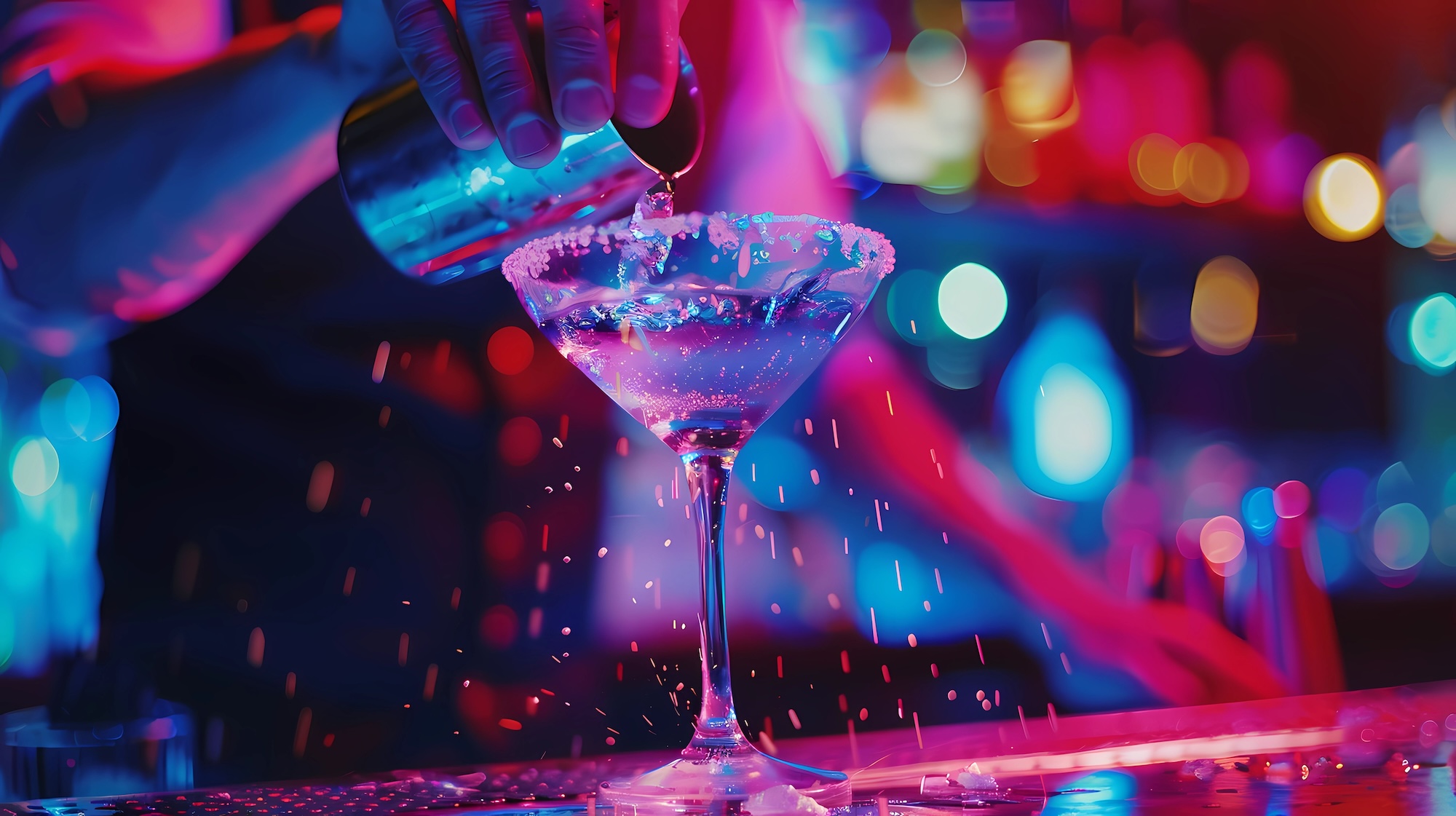 Bartender pouring a colorful martini under neon lights at a live music restaurant, showcasing handcrafted cocktails and vibrant nightlife.